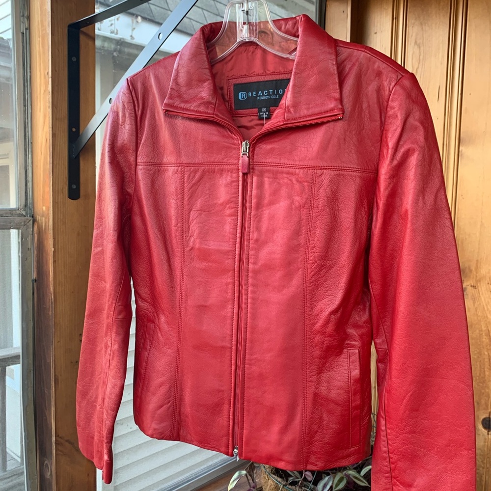 Red Kenneth Cole Reaction leather jacket. NWT. Unworn. XS.